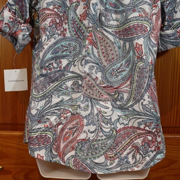 Croft & Barrow Paisley Cuff Sleeve 100% Cotton Button Down Top Med - Picture 10 of 12